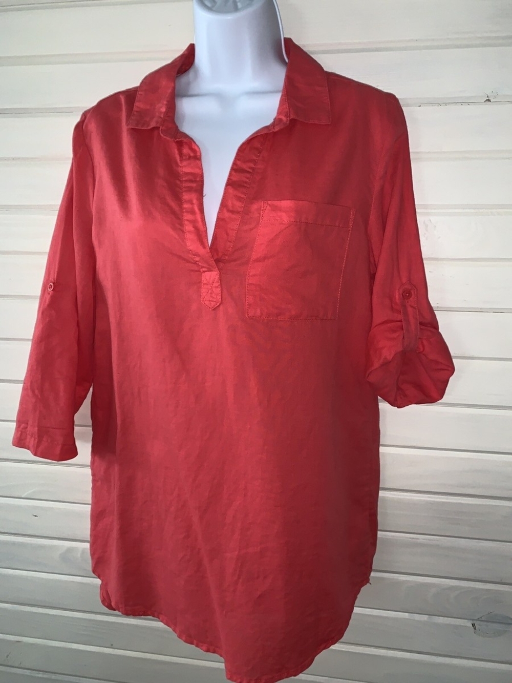 Silk Coral Camp Shirt V-Neck Roll-Tab Sleeve Tunic Small